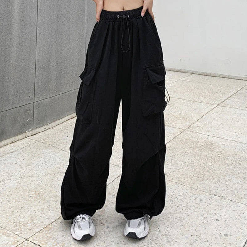 Women's Low-Rise Drawstring Wide-Leg Cargo Sweatpants with Utility Pocket Streetwear Style