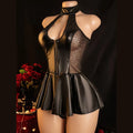 Black Satin-Finish Halter Dress with Lace-Up Back and Sheer Split