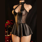 Black Satin-Finish Halter Dress with Lace-Up Back and Sheer Split