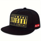 Adjustable Flat Brim Baseball Cap with Graphic Patch for Contemporary Streetwear Fashion Style