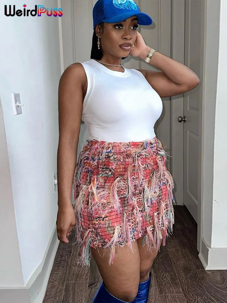 Textured Fringe Mini Skirt with Layered Tassel Festival Fashion Design