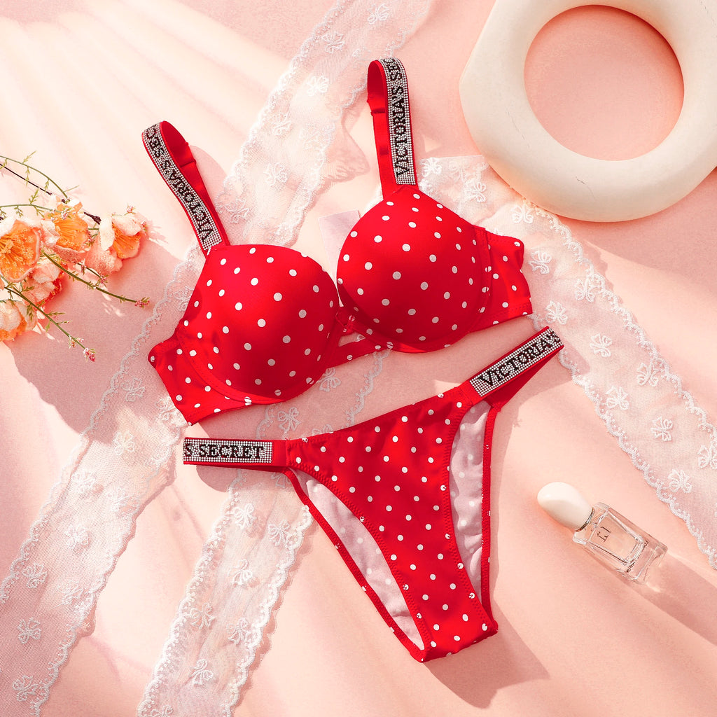 Playful Polka Dot Push-Up Bra and Matching Statement Rhinestone Strap Thong Set