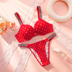 Retro Polka Dot Push-Up Bra and Rhinestone Statement Strap Thong Set