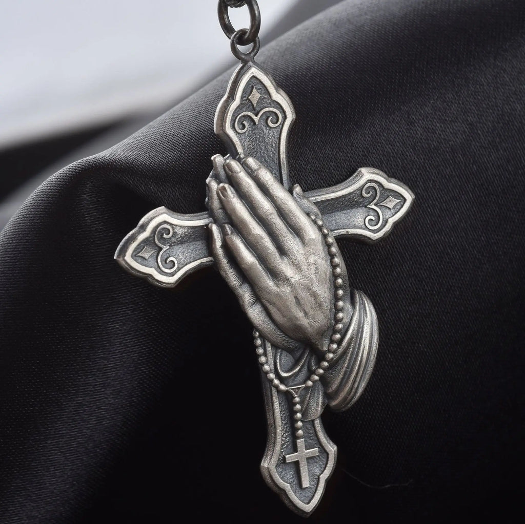 Praying Hands Cross Pendant Necklace With Vintage Gothic Statement Aesthetic