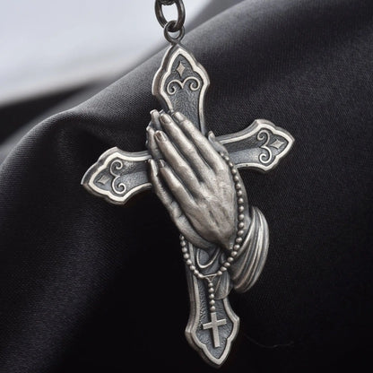 Praying Hands Cross Pendant Necklace With Vintage Gothic Statement Aesthetic