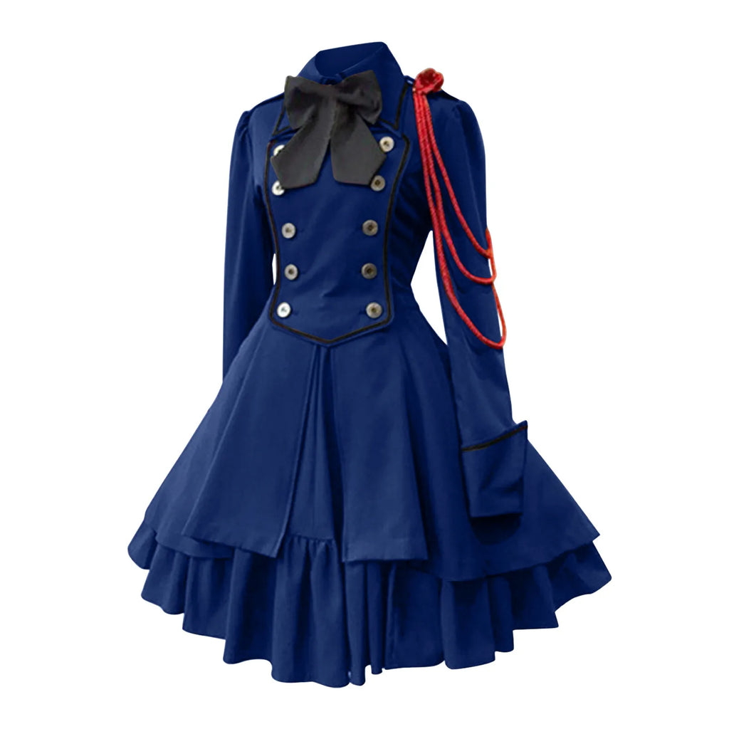 Medieval-Inspired Green and Black Flared Coat Dress with Decorative Bow and Brass-Tone Buttons