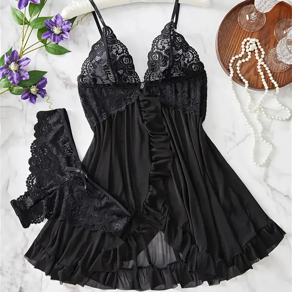 Romantic Red Sheer Mesh Babydoll Set with Embroidered Lace Cups