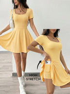 Square Neck Short Sleeve A-Line Mini Dress with Flared Skater Silhouette