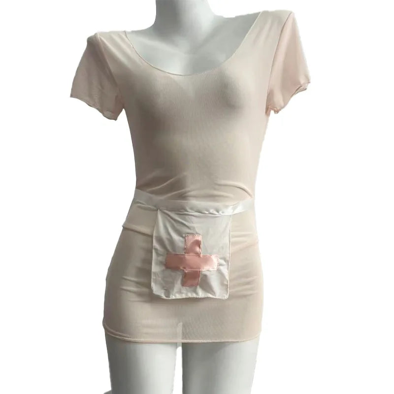 Blush Pink Form-Fitting Nurse Roleplay Mini Dress with White Apron Detail