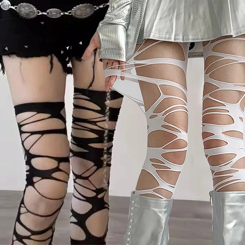 Distressed Fishnet Pattern Tights with Geometric Cutout Design for Alternative Streetwear Fashion
