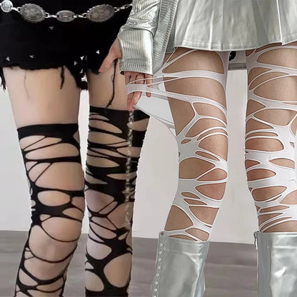 Distressed Fishnet Pattern Tights with Geometric Cutout Design for Alternative Streetwear Fashion