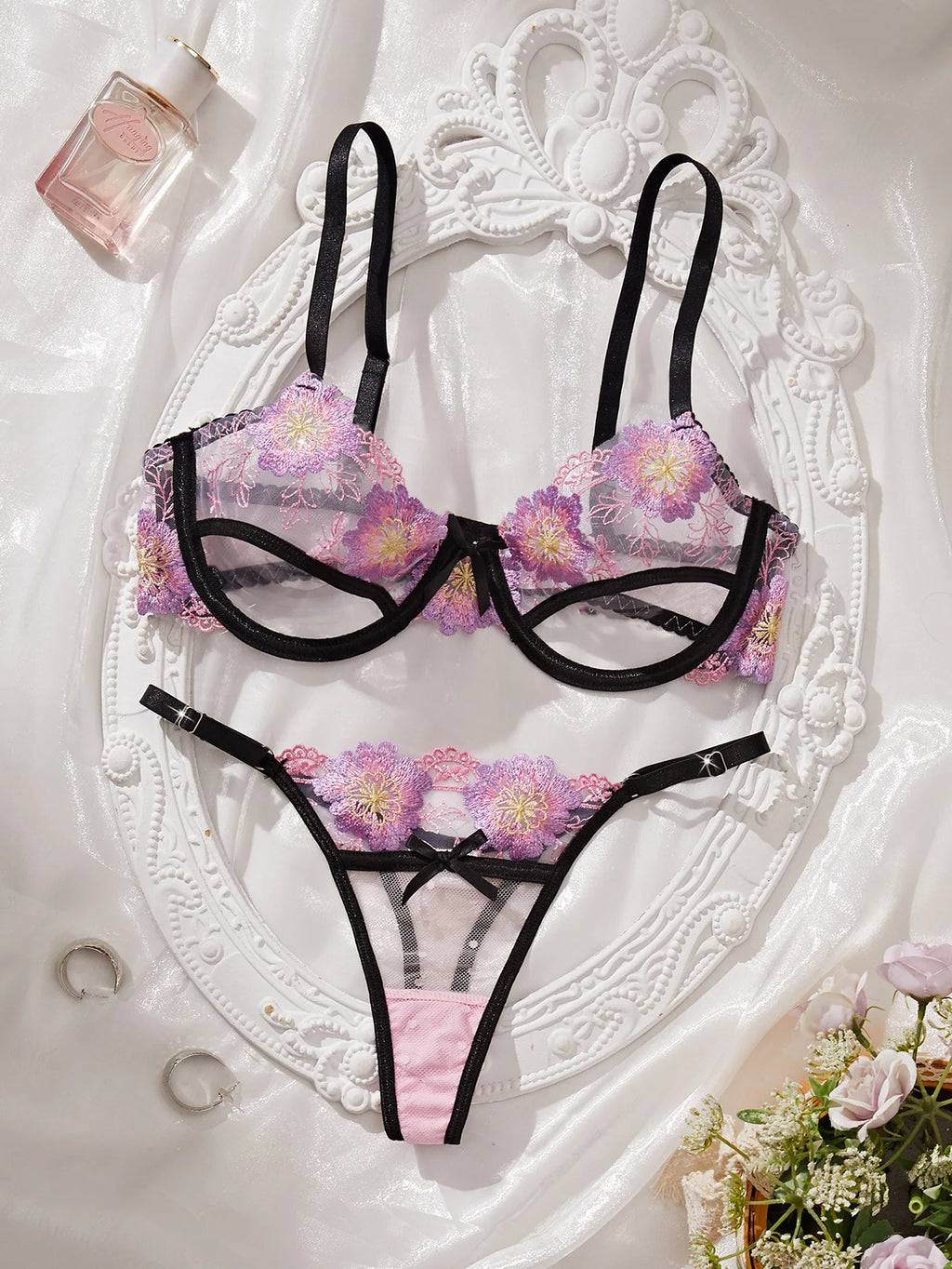 Playful Pink Floral Embroidery Cutout Underwire Bra and Thong Set
