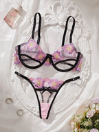 Playful Pink Floral Embroidery Cutout Underwire Bra and Thong Set