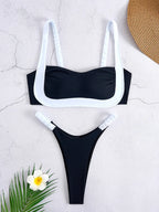 Black and White Color-Blocked Bralette Bikini with High-Cut Silhouette