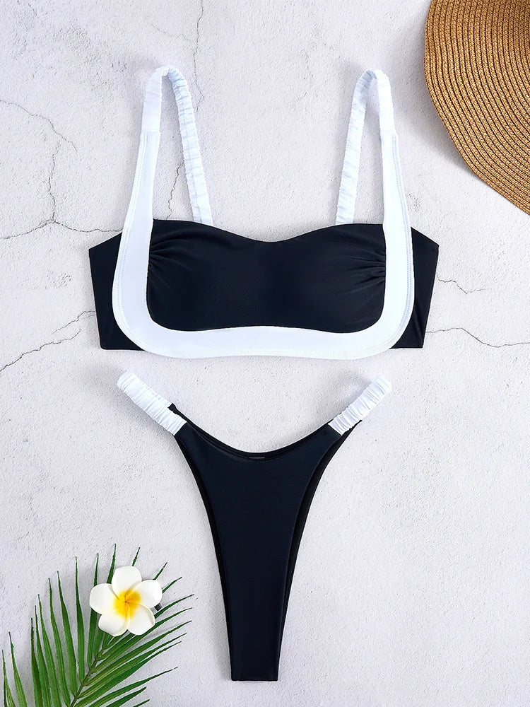 Black and White Color-Blocked Bralette Bikini with High-Cut Silhouette