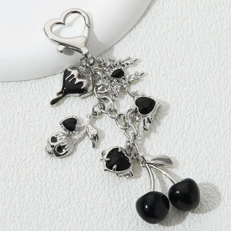 Neo Gothic Charm Keychain with Heart Cherry and Butterfly Accents