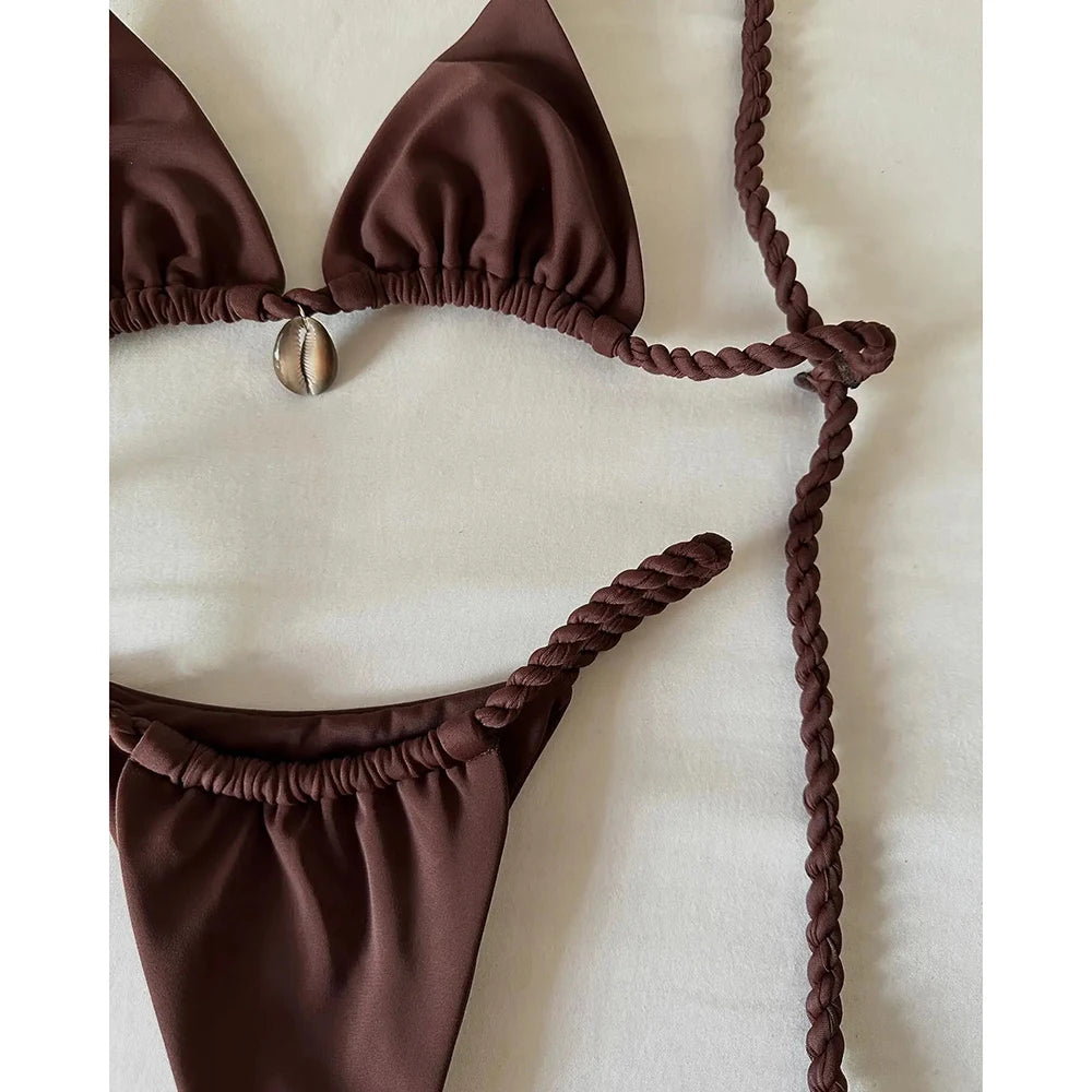 Dark Espresso Triangle Micro Bikini with Braided String Straps