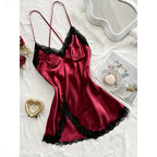 Romantic Satin-Finish Mini Slip Nightgown with Lace Trim and Criss-Cross Straps