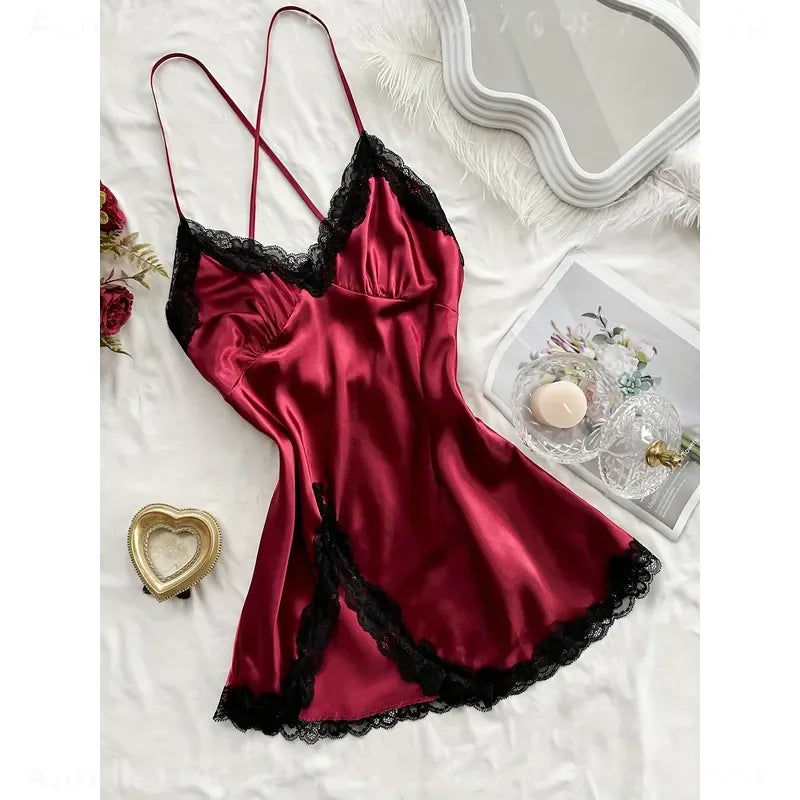 Romantic Satin-Finish Mini Slip Nightgown with Lace Trim and Criss-Cross Straps