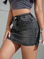 Stretch Denim Mini Skirt with Front Pockets and Streamlined Fit