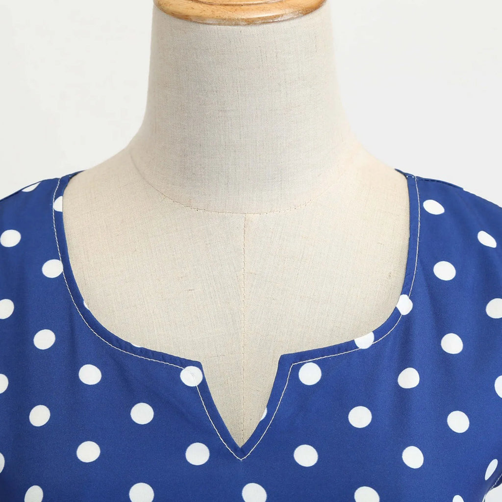 Retro Red and White Polka Dot Swing Dress with Black Waist Tie