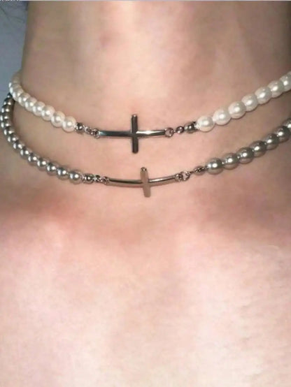 Layered Pearl Cross Choker Necklace for Gothic Dark Feminine Fashion
