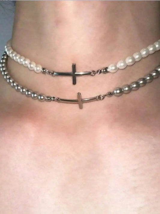 Layered Pearl Cross Choker Necklace for Gothic Dark Feminine Fashion
