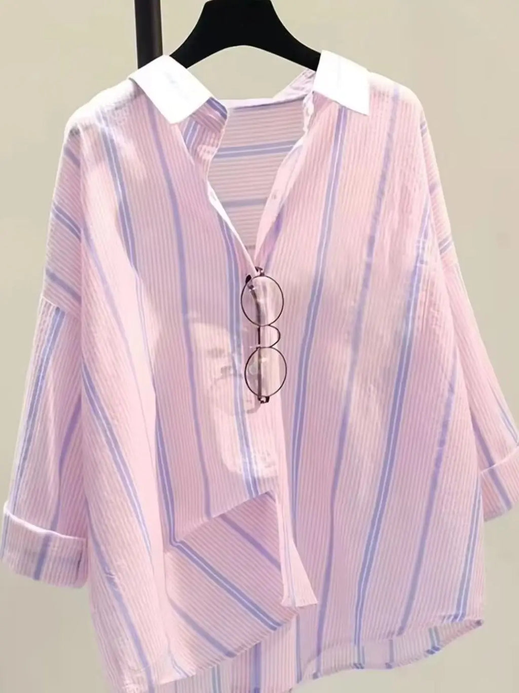 Minimalist Pink Striped Popover Blouse with Contrast White Collar