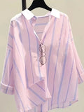 Minimalist Pink Striped Popover Blouse with Contrast White Collar