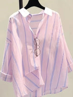 Minimalist Pink Striped Popover Blouse with Contrast White Collar