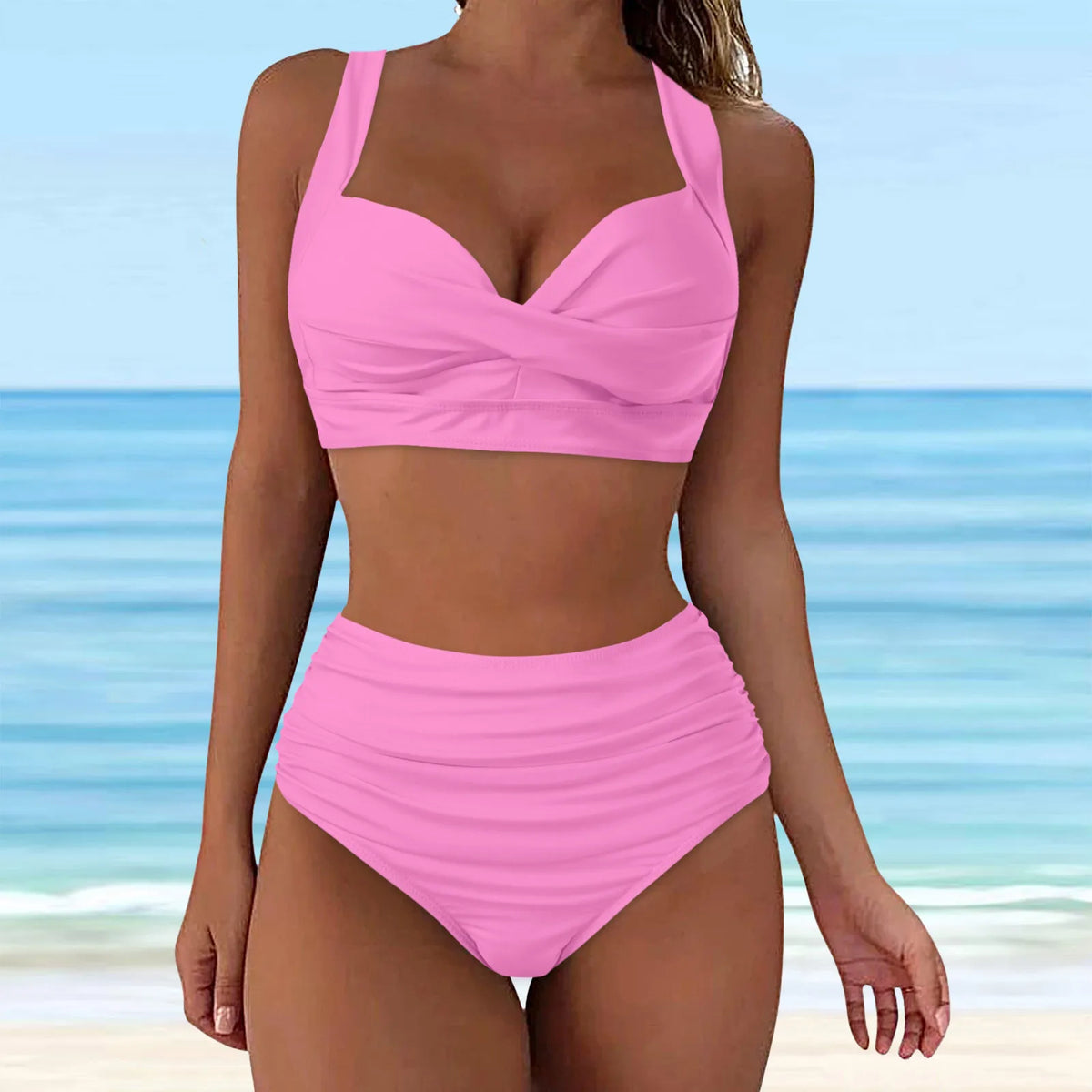 High-Waisted Blue Two-Piece Bikini Set with Structured Cup Detail and Feminine Frill Accent