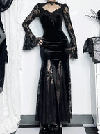 Velvet Gothic Mermaid Dress with Lace Panels and Alternative Elegance