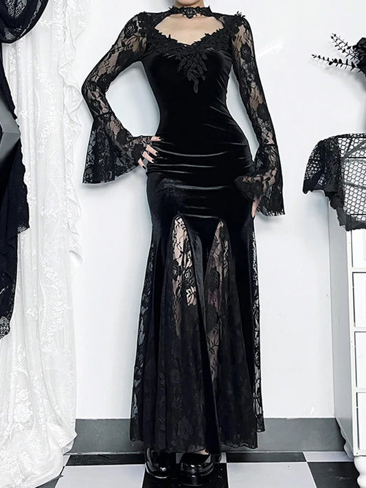 Velvet Gothic Mermaid Dress with Lace Panels and Alternative Elegance