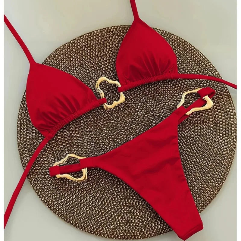 Crisp White Triangle String Bikini with Wavy Metallic Ring Hardware