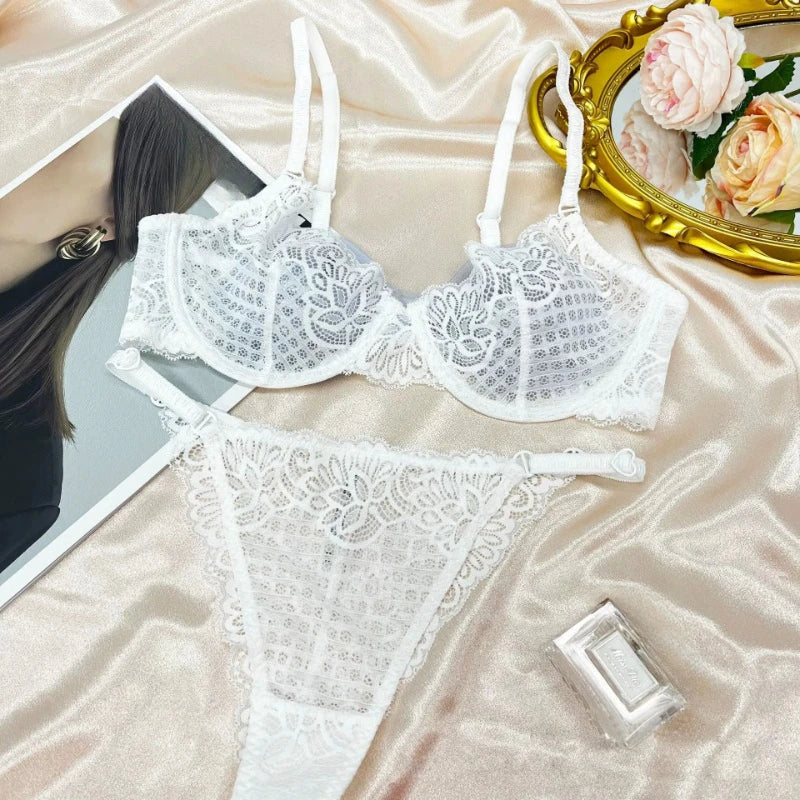 Elegant Silver Grey Floral Lace Underwire Bra with Blue Grid Accents