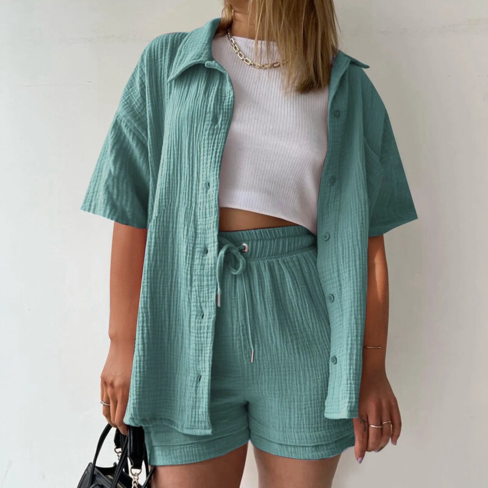Women's Relaxed Shirt and Shorts Co-Ord Set Contemporary Casual Outfit