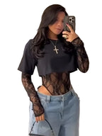Layered Lace Sleeve Crop Top with Fitted Silhouette and Alternative Edge