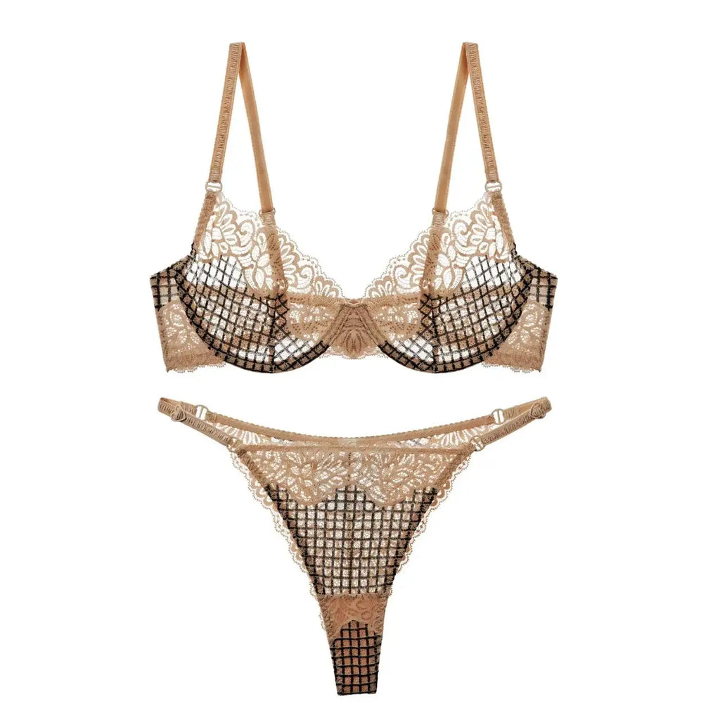 Crisp White Geometric Lace Unlined Underwire Bra and Brief Set