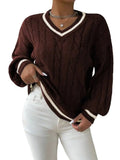 Women's Cable Knit V Neck Sweater with Contrast Trim Relaxed Fit Design