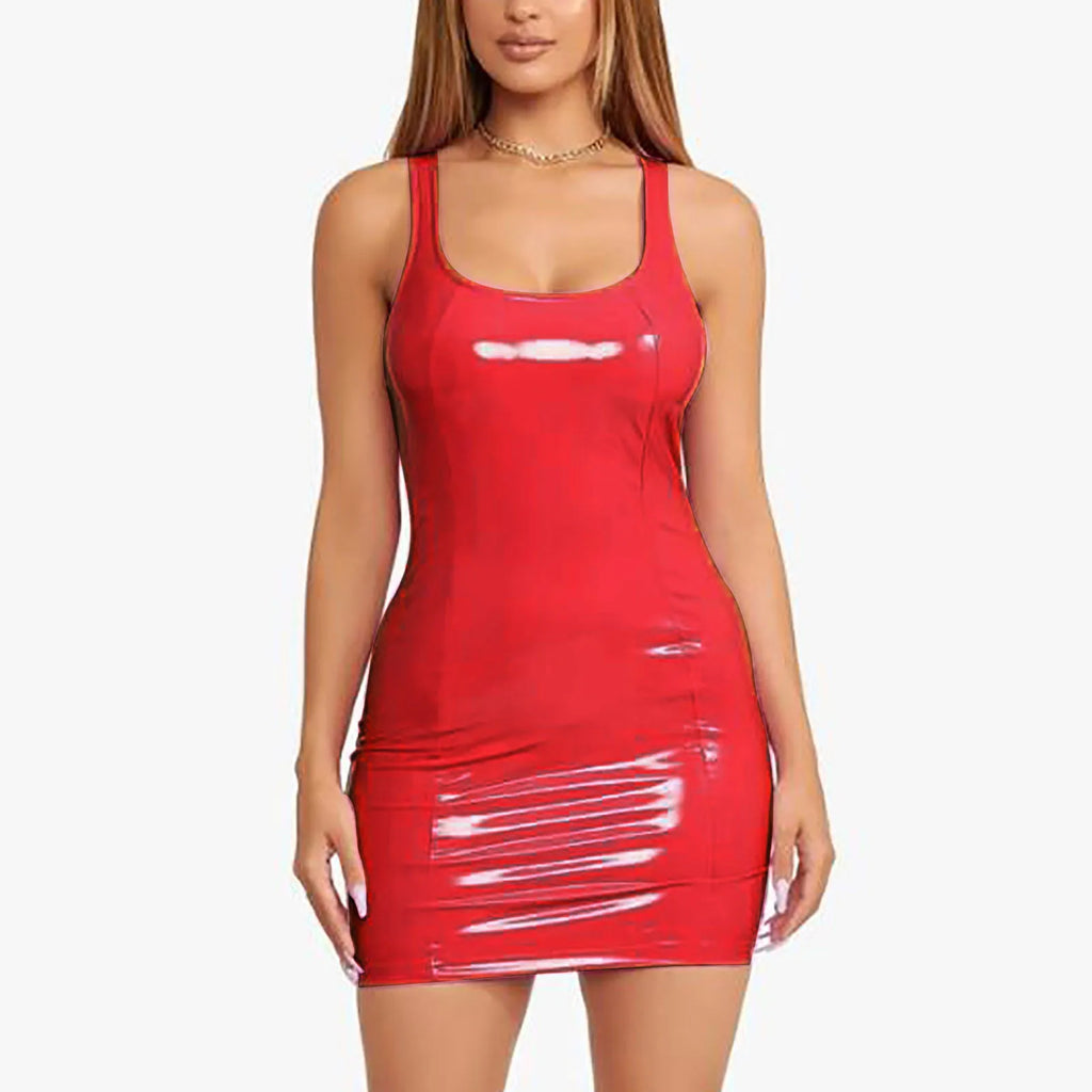 Vibrant Blue Glossy PU Leather Bodycon Mini Dress with Scoop Neckline