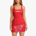 Vibrant Blue Glossy PU Leather Bodycon Mini Dress with Scoop Neckline