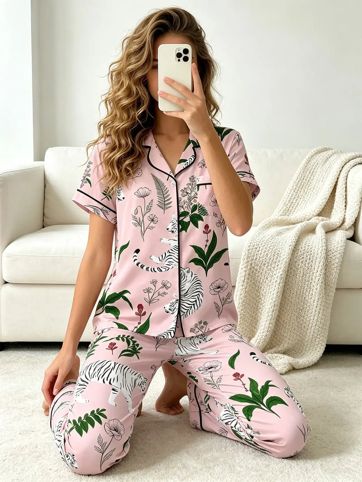 Bee and Sunflower Print Pajama Set with Short-Sleeve Button-Down Shirt, Lapel Collar and Matching Long Pants