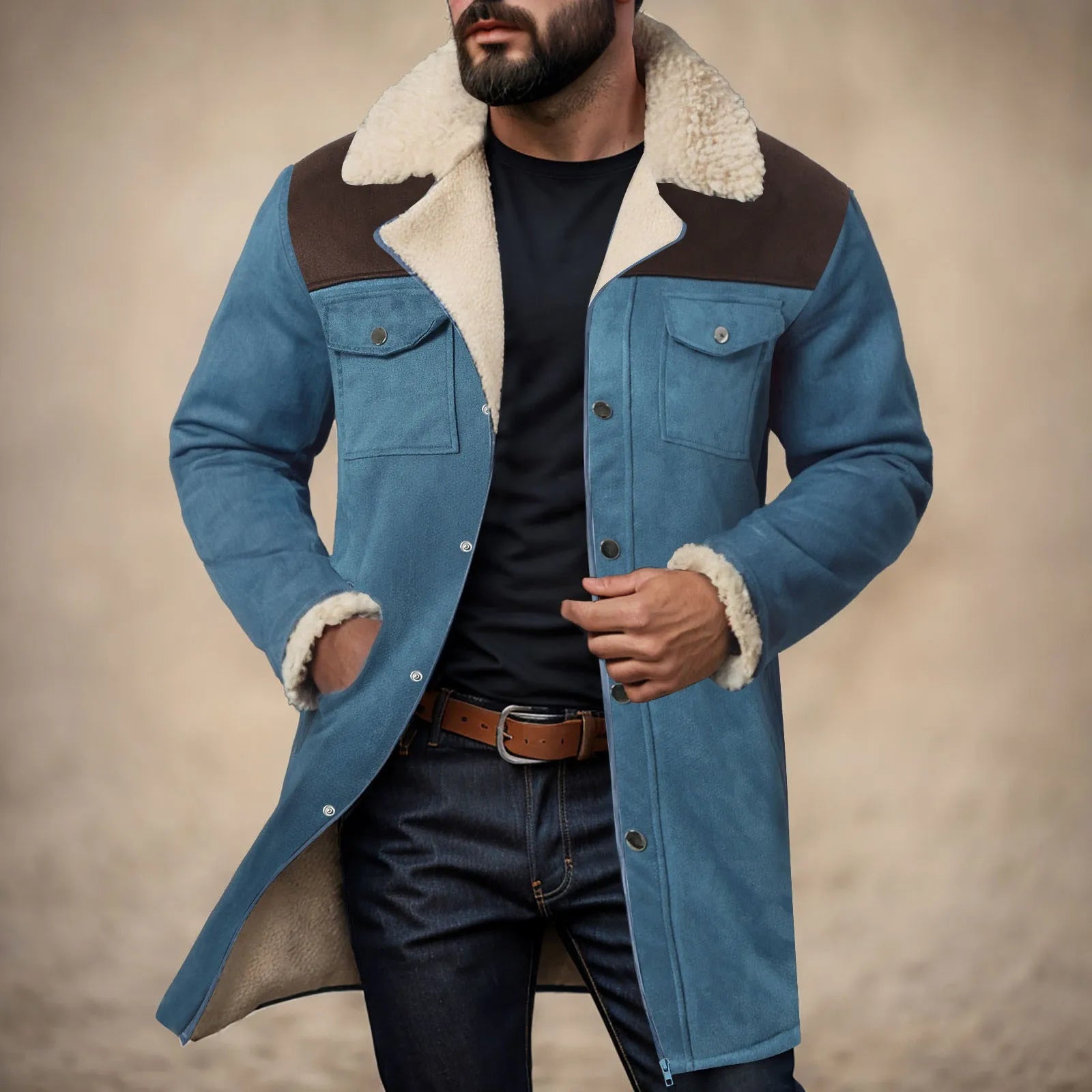 Men's Mid-Length Faux Suede Sherpa Collar Jacket with Utility Pockets for Vintage Streetwear Style