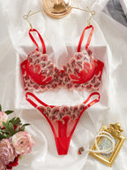 Bold Red Sheer Mesh and Floral Petal Embroidered Lingerie Set