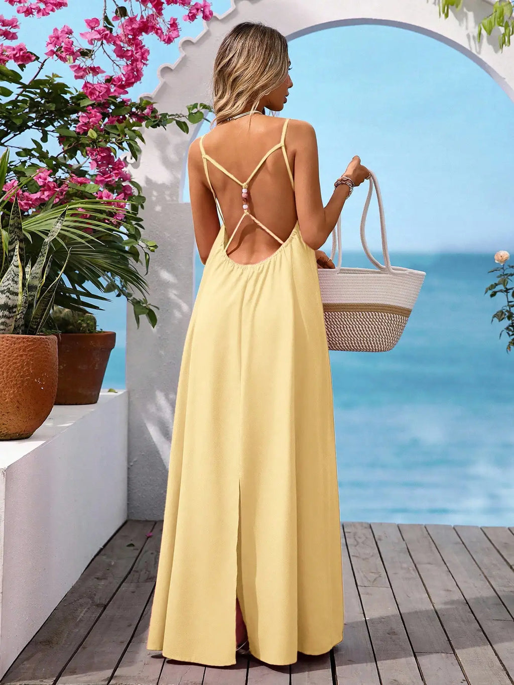 Cross Back Maxi Dress With Relaxed Silhouette And Soft Drape