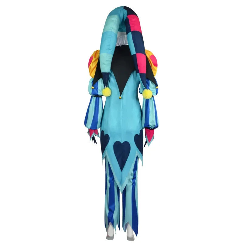Vibrant Color-Blocked Jester Ensemble with Ruffled Collar and Patterned Trousers