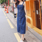 Denim Camisole Maxi Dress with Adjustable Straps and A-Line Silhouette