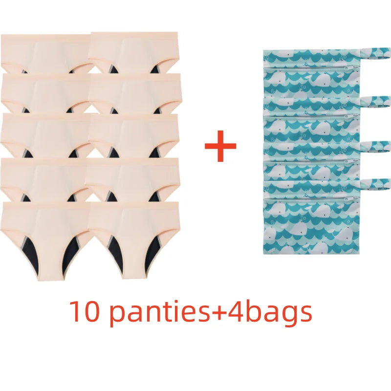 Five-Piece Solid Black Menstrual Brief Set with Two Printed Travel Bags