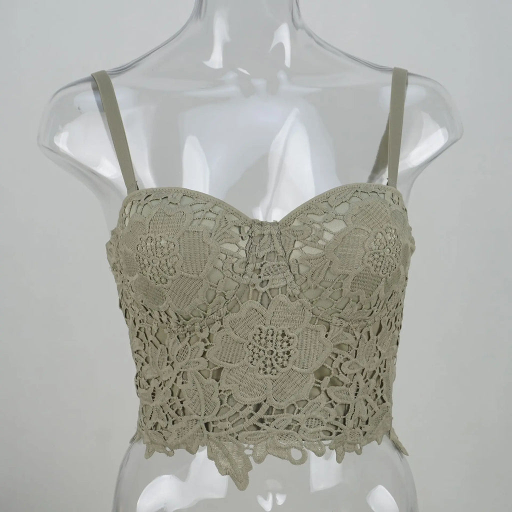 Floral Lace Bustier Top with Embroidered Detailing and Structured Cups