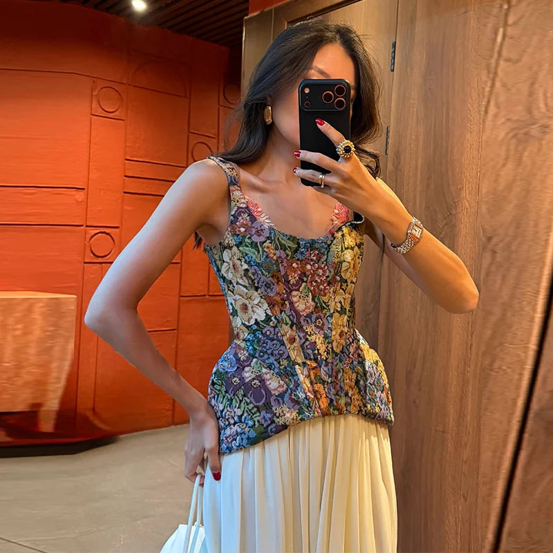 Multicolored Floral Tapestry Tank Top with Peplum Hem and Wide Straps